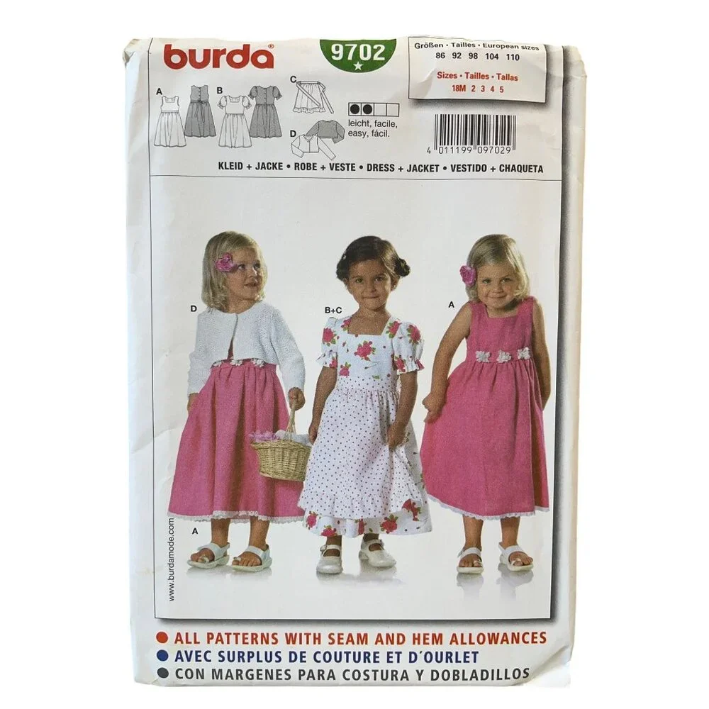 Burda 9702 Girls Dress &‎ Jacket Sewing Pattern Sizes 18M-5